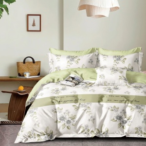 Lenjerie de pat Percale – Model Blossom Verde Sage, bumbac 100%, set premium complet