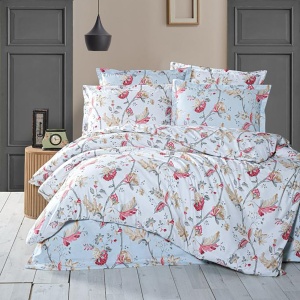 Lenjerie de pat Ranforce King Size – RNF 29, bumbac 100%, imprimeu floral pastel cu accente roșii
