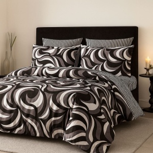 Set Lenjerie Pat 6 Piese din Bumbac Finet – Design Abstract Modern în Nuanțe Negru, Gri & Alb, Look Contemporan și Confort Superior pentru un Dormitor cu Stil Premium