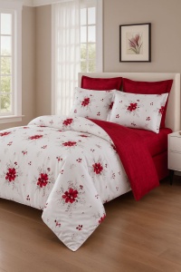 Set Lenjerie Pat 6 Piese din Bumbac Finet – Design Floral Intens în Nuanțe Roșu & Alb, Eleganță Vibrantă și Confort Superior pentru un Dormitor Plin de Energie și Rafinament