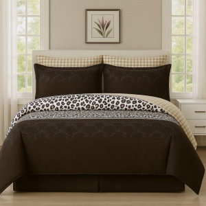 Set Lenjerie Pat 6 Piese din Bumbac Finet – Design Maro Ciocolatiu cu Accente Leopard & Carouri Bej, Eleganță Modernă și Confort Superior pentru Dormitor - Img 2