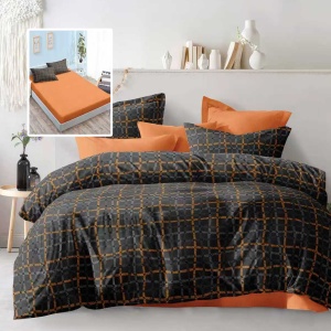 Lenjerie de Pat 6 Piese cu Husă – Carouri Black & Orange, Design Modern și Contrast Elegant