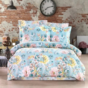 Lenjerie de Pat Bumbac Creponat – Design Floral Pastel, Bleu Light, Confort Respirable și Stil Romantic