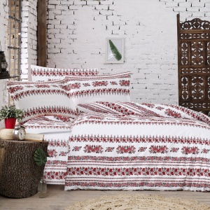 Lenjerie de pat King Size din bumbac 100% – Arhaic, model folcloric cu motive florale tradiționale