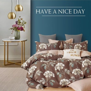 Lenjerie de pat Percale – Floral Chocolate Elegance, bumbac 100%, set premium dublă față