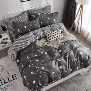 Lenjerie de pat Percale – Imprimeu Floral Antracit, bumbac 100%,set premium complet