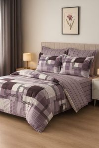 Set Lenjerie Pat 6 Piese din Bumbac Finet – Design Geometric Modern în Nuanțe Mov & Lila, Eleganță Contemporană și Confort Superior pentru un Dormitor cu Stil