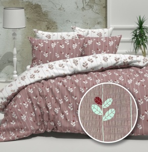 Lenjerie de pat creponată, bumbac 100%, model floral roz pudrat – textură aerată, finisaj premium
