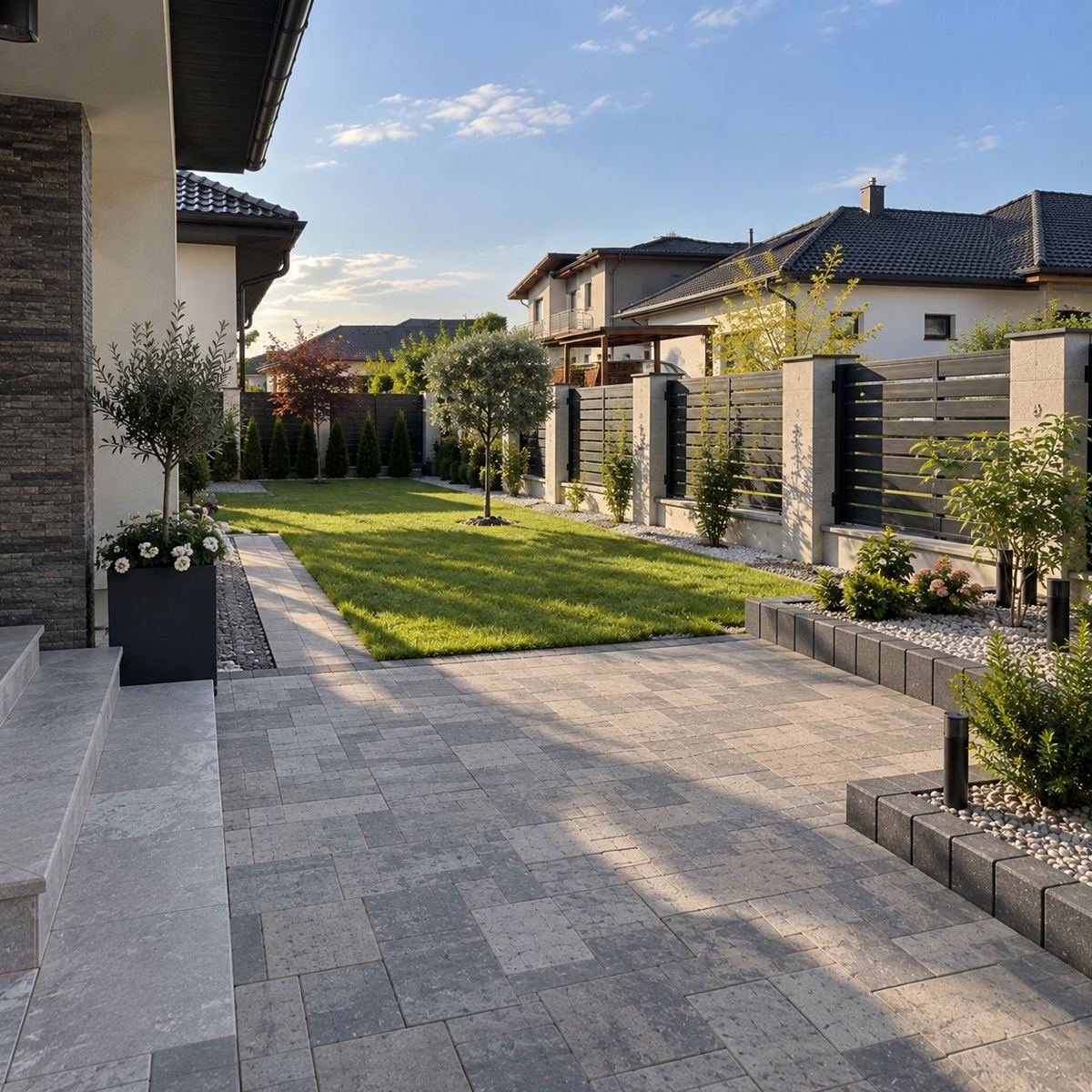 Curte pavată cu dale mari în nuanțe de gri, trepte din granit și jardiniere cu pietriș decorativ