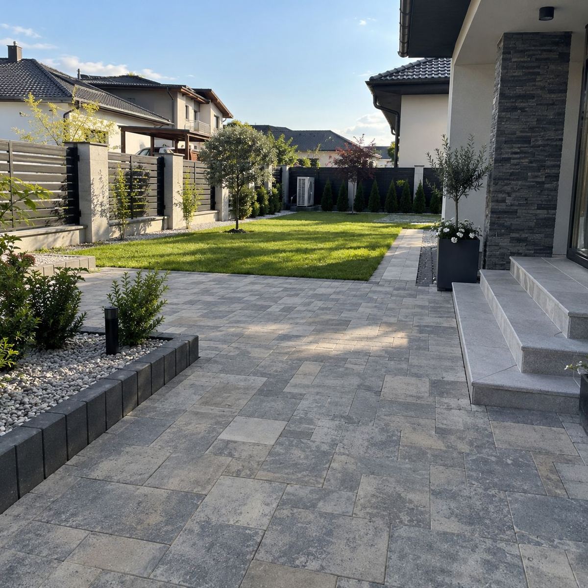 Alee și curte cu pavaj gri, gazon, jardiniere antracit și trepte din granit
