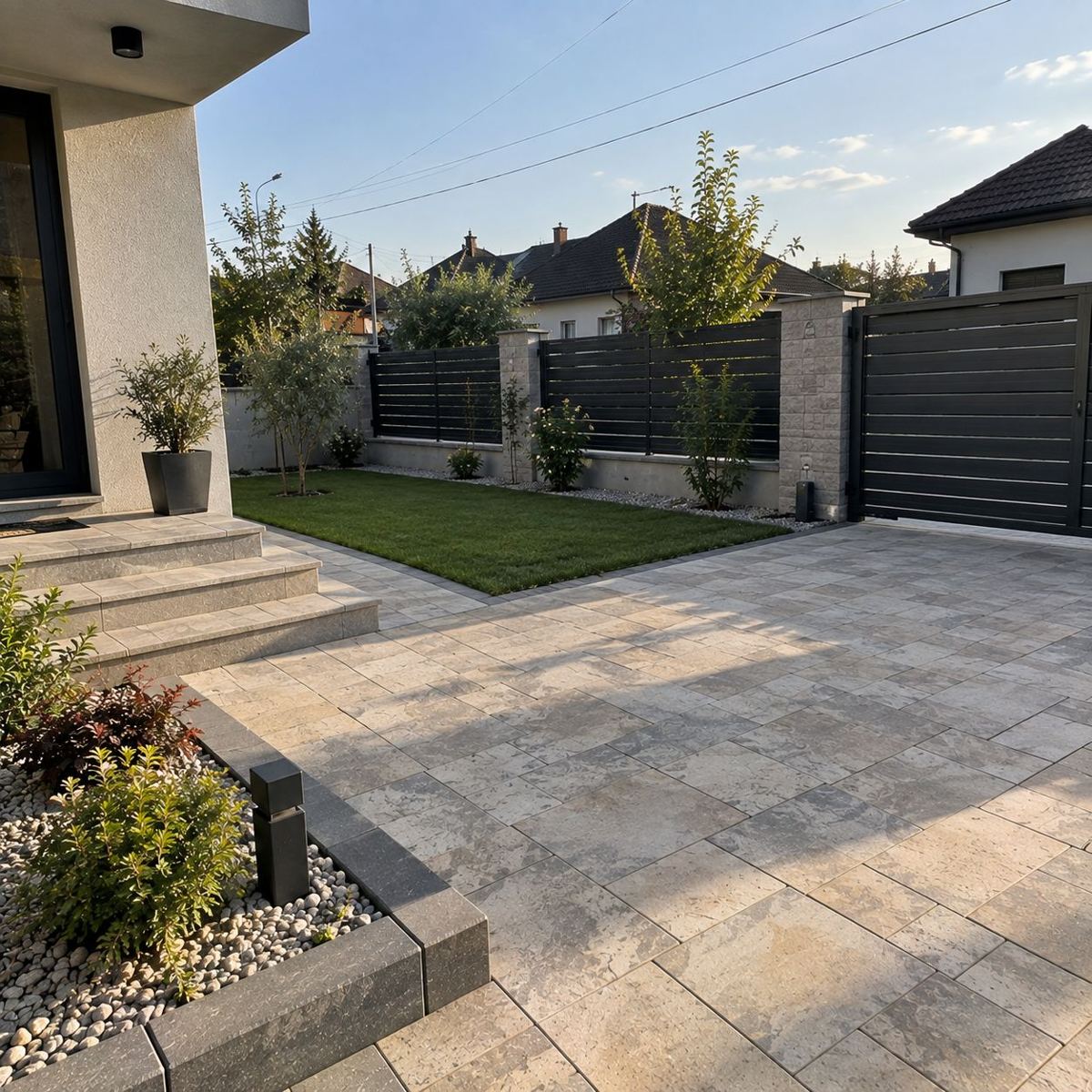 Gard cu lamele și stâlpi placați cu piatră, jardinieră cu pietriș și pavaj bej
