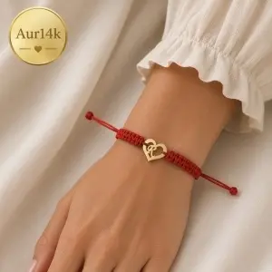 Bratara cu snur si inimioara cu initiala dorita din aur 14k