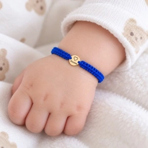 Bratara cu snur pentru copii si disc 6mm din aur 14k personalizabil cu inimioara si nume la alegere
