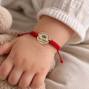 Bratara pentru copii - cu snur si banut de 14mm din Aur 14k personalizat cu datele nasterii si coroana