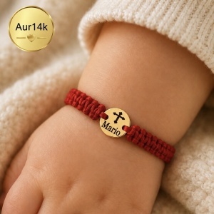 Bratara cu snur pentru copii si disc 6mm/7mm/8mm din aur 14k personalizabil cu Cruciulita si nume