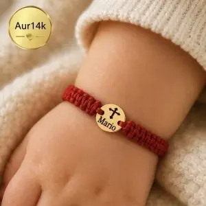 Bratara cu snur pentru copii si disc 6mm/7mm/8mm din aur 14k personalizabil cu Cruciulita si nume