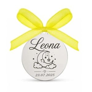 Banut Argint 2cm pentru Botez - Mot - Scaldat -Personalizat Nume, Data, Luna si Stele