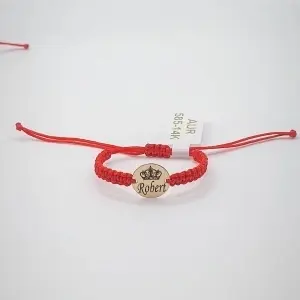 Bratara cu snur si banut din aur 14k de 12mm personalizabil cu nume si coroana