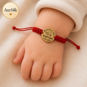Bratara pentru copii - cu snur si banut de 14mm din Aur 14k personalizat cu datele nasterii