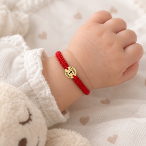 Bratara cu snur pentru copii si disc 8mm din aur 14k personalizabil cu cruciulita si nume