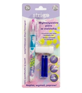 Stilou Strigo cu Cerneală Albastră care se Șterge + Dispozitiv Curățare Penița + 2 Rezerve – Design Roz