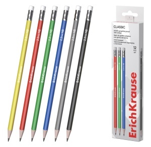 Creioane grafit plastic ErichKrause Classic triangle, triunghiulare, cu radieră, HB (cutie 12 buc.)