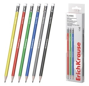 Creioane grafit plastic ErichKrause Classic triangle, triunghiulare, cu radieră, HB (cutie 12 buc.)