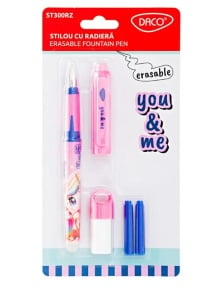 Stilou cu radiera Daco You&Me roz + 2 rezerve + dispozitiv curatare