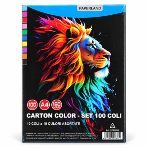 Carton colorat Paperland A4, 160 g/mp, 100 coli, 10 culori asortate