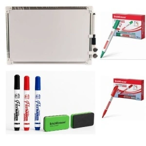 Set tablă magnetică albă cu două fețe, ramă din aluminiu 40 × 60 cm, 5 markere colorate și burete magnet