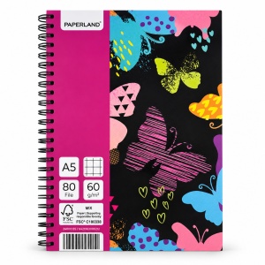 Caiet cu spirală Paperland A5, 80 file, matematică, 60 g/mp, model Fluturi