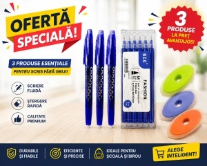 Pachet BIA cu Ștergere – 3 Pixuri Albastre + Set 6 Rezerve + 1 Radieră