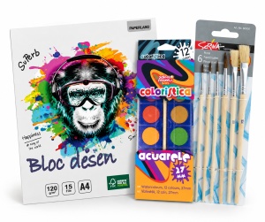 Set Creativ A4 – Bloc Desen + Acuarele 12 Culori + 6 Pensule