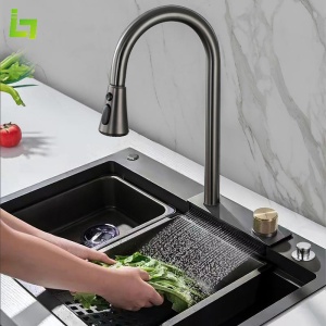 Chiuveta de bucatarie multifunctionala handmade din inox Sandonna HD6850 cu baterie, tavite de scurgere si dispenser de sapun - Img 7