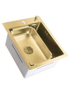 Chiuveta de bucatarie Sandonna HD4050 din inox cu tavita si dispenser + Baterie Andra auriu-alb + Ustensile de gatit din bambus - Img 3