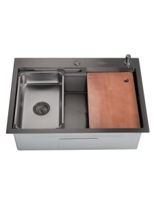 SET Chiuveta SanDonna HD7050 din inox handmade cu dozator de sapun, tavita de scurgere si tocator + Baterie flexibila SanDonna Andra - Negru-Auriu - Img 5
