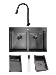 Chiuveta de bucatarie din inox Sandonna HD7850DR negru cu 2 cuve, tavite si dispenser de sapun + Baterie cu dus extractabil Cami negru
