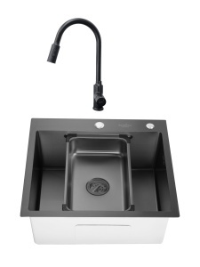 SET Chiuveta 55x50cm din inox SanDonna HD5550 cu tavita si dozator + Baterie SanDonna CAMI cu dus extractabil - Negru