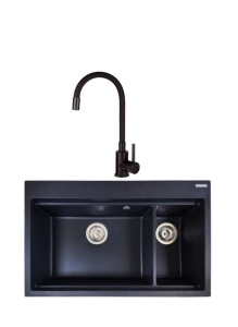 SET Chiuveta din granit compozit cu 2 cuve SanDonna MAGDALENA + Baterie flexibila SanDonna LOLA