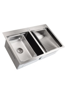 Chiuveta de bucatarie handmade Sandonna HD7850DR din inox cu 2 cuve, tavite si dispenser de sapun + Baterie flexibila Sandonna Mona crom - Img 2