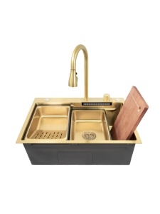 Chiuveta de bucatarie multifunctionala handmade din inox Sandonna HD6850 cu baterie, tavite de scurgere si dispenser de sapun