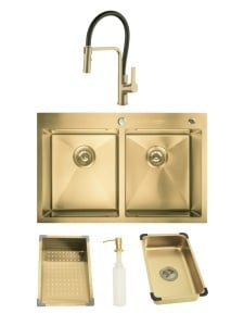 SET Chiuveta SanDonna HD7850DR din inox handmade cu 2 cuve, dozator de sapun, tavita de scurgere + Baterie flexibila SanDonna ANDRA - Negru-Auriu
