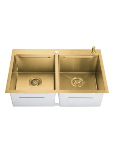 SET Chiuveta SanDonna HD7850DR din inox handmade cu 2 cuve, dozator de sapun, tavita de scurgere + Baterie flexibila SanDonna ANDRA - Negru-Auriu - Img 6