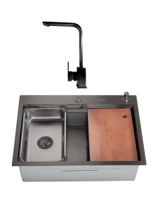 Chiuveta de bucatarie handmade Sandonna HD7050 cu tavita, tocator si dispenser de sapun incluse + Baterie Nera pivotanta