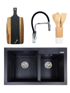 PACHET Chiuveta de bucatarie din granit compozit cu 2 cuve Edyta + Baterie flexibila Andra alb + tocator + ustensile din bambus pentru gatit - Img 4