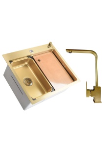 SET Chiuveta SanDonna HD6050 din inox handmade cu dozator de sapun si tavita de scurgere + Baterie SanDonna Nera pivotanta