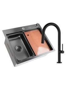 SET Chiuveta SanDonna HD6050 din inox handmade cu dozator de sapun, tocator si tavita de scurgere + Baterie SanDonna Charlotte cu dus extractabil