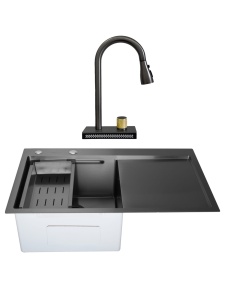 SET Chiuveta SanDonna HD7850 din inox handmade cu tavita si dozator de sapun+ Baterie SanDonna ASTER multifunctionala cu cascada