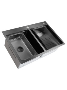SET Chiuveta SanDonna HD7850DR din inox handmade cu 2 cuve, dozator de sapun, tavita de scurgere + Baterie flexibila SanDonna ANDRA - Negru-Auriu - Img 3