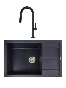 SET Chiuveta granit compozit SanDonna Ewelina negru cu scurgator + Baterie cu dus extractabil Charlotte negru